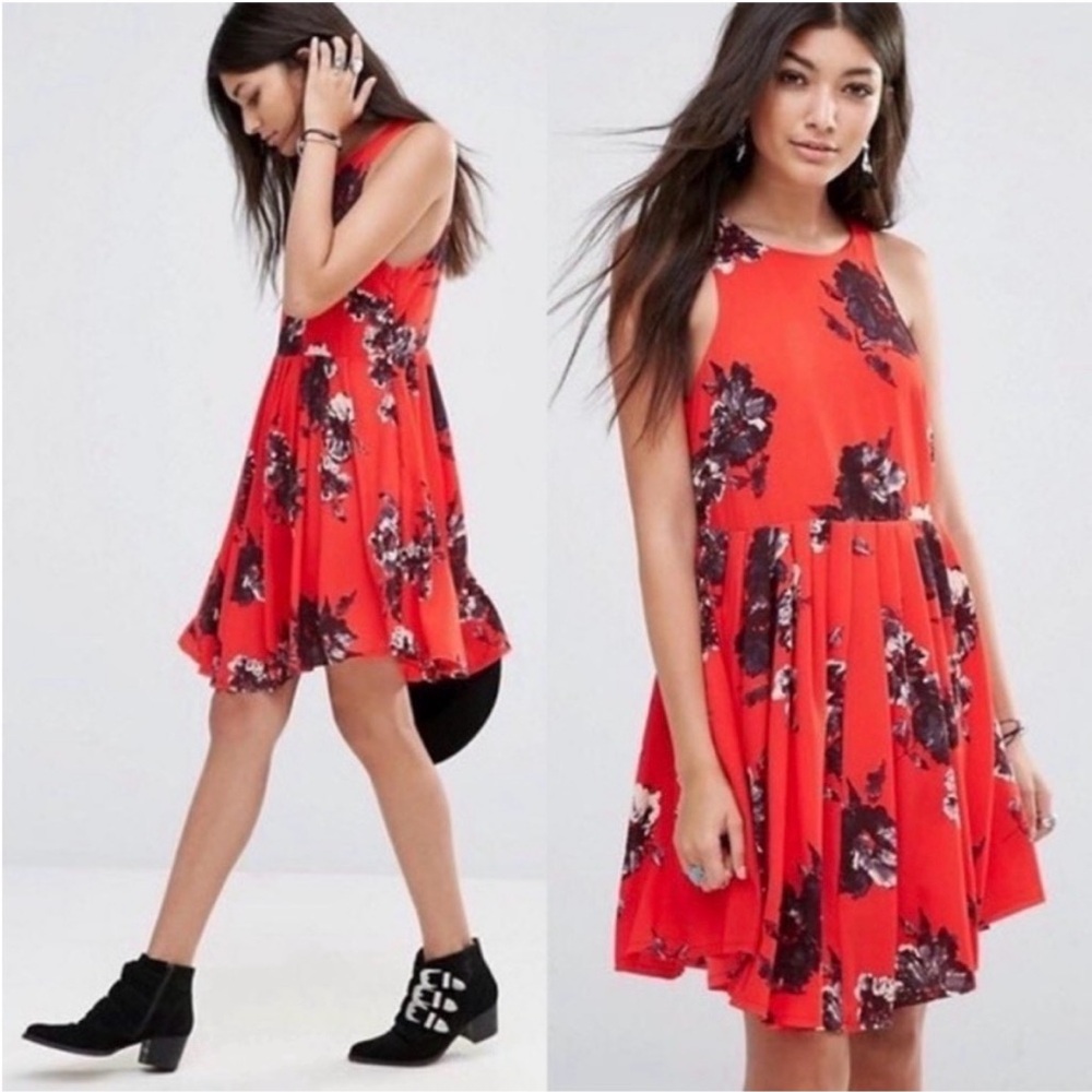 Free People Flutterby Floral Red Pleated Swing Mini Dress - Date Night Holiday